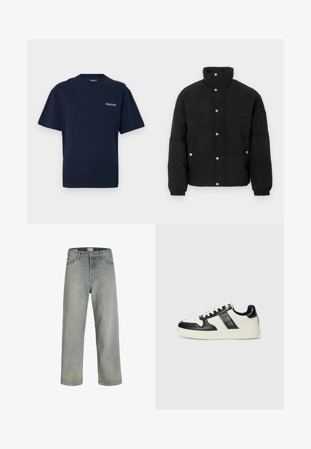 Czarna kurtka puchowa z aksamitu sztruksowego z wysokim kołnierzem, zapięciem na zatrzaski, dwoma przednimi kieszeniami oraz elastycznymi mankietami dla lepszego dopasowania.; Granatowa bawełniana koszulka z okrągłym dekoltem i krótkimi rękawami. Na lewej piersi biała grafika z napisem "Club1990". Prosty design.; Jasnoszare, luźne dżinsy wykonane z denimu. Posiadają klasyczny pięcio-kieszeniowy krój, szlufki na pasek oraz prostą nogawkę.; Skórzane sneakersy w czarno-kremowym schemacie kolorystycznym, z perforowanymi akcentami, wyściełanym kołnierzem i teksturowaną podeszwą.