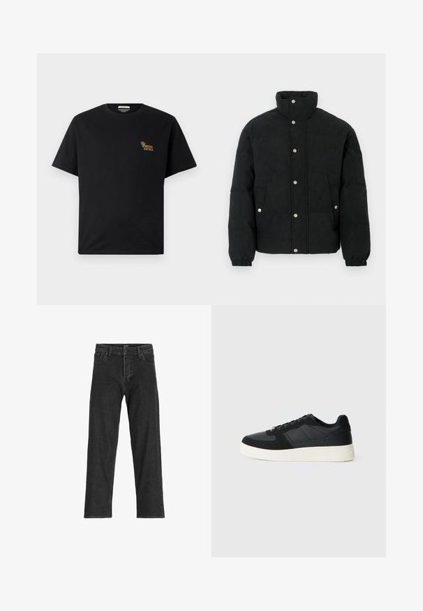 Fekete kordbársony műszőrmés dzseki magas gallérral, patentos elülső résszel, két első zsebbel és rugalmas mandzsettákkal a kényelmes illeszkedésért.; Fekete pamut póló kerek nyakkivágással és rövid ujjakkal. Bal mellen arany "Sportivo Nautico" felirat található. Egyszerű dizájn.; Fekete farmernadrág egyenes szárú dizájnnal, cipzáras záródással, övhurkokkal és hat zsebbel, tartós pamut keverékből készült.; Fekete alacsony szárú sportcipő textúrált bőr és velúr panelekből, fehér gumitalppal és fekete fűzőkkel, egyszínű világos háttér előtt.