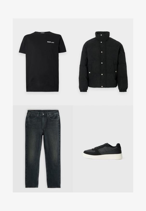 Casaco acolchoado de bombazina preta com gola alta, fecho frontal de botões de pressão, dois bolsos frontais e punhos elásticos para um ajuste confortável.; T-shirt de algodão preto com mangas curtas e decote redondo, apresentando um logotipo branco "REPLAY" na área do peito esquerdo. Textura suave.; Jeans de denim azul-escuro com corte reto, apresentando cinco bolsos, fecho de zip e costura em contraste. Desgaste sutil no tecido.; Fivela preta de cano baixo com pele texturizada e painéis de camurça, sola de borracha branca e atacadores pretos, em fundo claro liso.