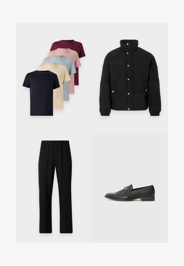 Fekete kordbársony műszőrmés dzseki magas gallérral, patentos elülső résszel, két első zsebbel és rugalmas mandzsettákkal a kényelmes illeszkedésért.; Öt rövid ujjú póló egymás mellett. Színek: tengerészkék, krém, világoskék, rózsaszín és bordó. Simább anyag, kerek nyakú fazon.; Fekete, gumíros derekú nadrág egyenes szabással, sima felülettel, látható minták vagy fémrészek nélkül.; Fekete bőr loaferek sima felülettel, varrott mintával és díszítő fém lánccal a cipő elején. Lapos sarok.