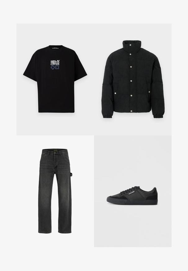 Chaqueta acolchada de pana negra con cuello alto, cierre frontal de botones a presión, dos bolsillos delanteros y puños elásticos para un ajuste ceñido.; Camiseta negra de algodón con un corte holgado. Presenta un estampado gráfico en blanco y azul, que muestra el texto "REPLAY MARTIN GATRIX" y símbolos.; Jeans de mezclilla gris oscuro con corte recto, cinco bolsillos, cierre de botón metálico y detalle de tiras laterales.; Zapatillas negras con una combinación de materiales de cuero y ante, con cordones redondos, suela de goma texturizada y un logo de la marca en el lateral.