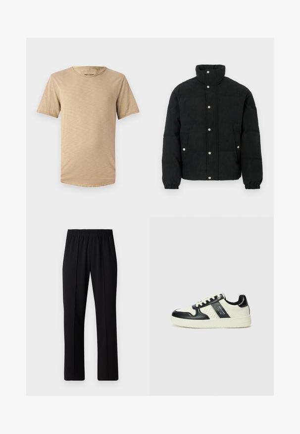 Svart manchesterpufferjacka med hög krage, knappstängning framtill, två framfickor och elastiska muddar för en tajt passform.; Beige t-shirt med kort ärm gjord av mjukt tyg. Har rund halsringning och en lätt texturerad yta med rundad nederkant.; Svart, elastisk midja byxor med raka ben, med en mjuk yta och utan synliga mönster eller metalldetaljer.; Läder sneakers med en svart och krämfärgad färgsättning, med perforerade detaljer, en vadderad krage och en strukturerad yttersula.
