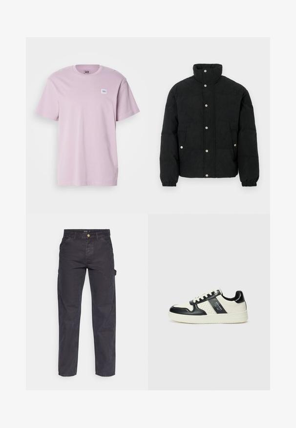 Schwarze Cord-Steppjacke mit hohem Kragen, Druckknopfverschluss vorne, zwei Vordertaschen und elastischen Bündchen für eine eng anliegende Passform.; Helles lila T-Shirt mit kurzen Ärmeln aus Baumwolle, das ein kleines weißes rechteckiges Logo-Patch auf der linken Brustseite hat. Weiche Textur.; Dunkelgraue Cargo-Hosen aus strapazierfähigem Stoff, mit geradem Bein, fünf Taschen und einem Knopfverschluss an der Taille.; Leder-Sneaker in Schwarz- und Cremetönen, mit perforierten Akzenten, einem gepolsterten Kragen und einer strukturierten Laufsohle.
