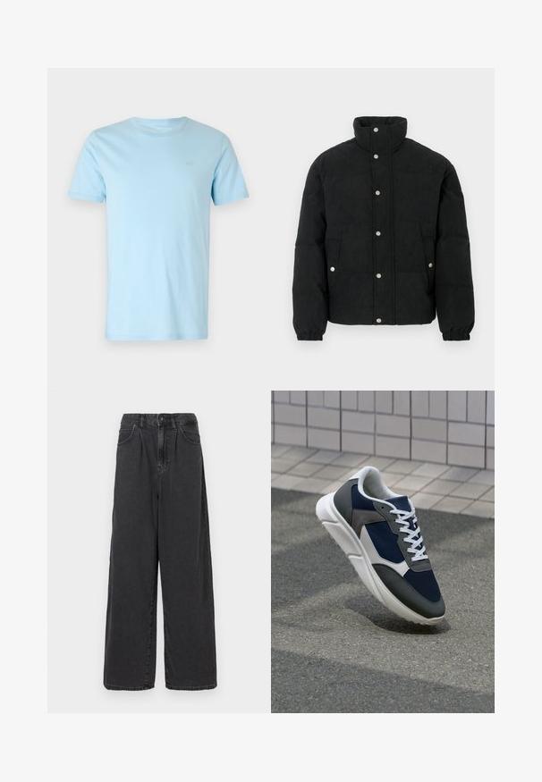 Juoda kordurovinė striukė pūsta, su aukštu apykakliu, spaustukais užsegama priekyje, dviem priekinėmis kišenėmis ir elastinėmis rankogaliais, kad gerai prigludtų.; Šviesiai mėlyna medvilninė marškinėliai su apvaliu iškirpimu ir trumpomis rankovėmis. Krūtinės srityje yra mažas logotipas šiek tiek tamsesnėje spalvoje.; Plačios kojos, aukšto juosmens juodos džinsinės kelnės su priekiniais mygtukais ir užtrauktuku, turinčios šonines kišenes ir lygią tekstūrą.; Sportiniai bateliai su tamsiai mėlynu tinkliniu viršumi, pilkais zomšiniais akcentais, balta guma padanga ir plokščiomis baltomis raištelėmis, sukurti komfortui ir oro pralaidumui.