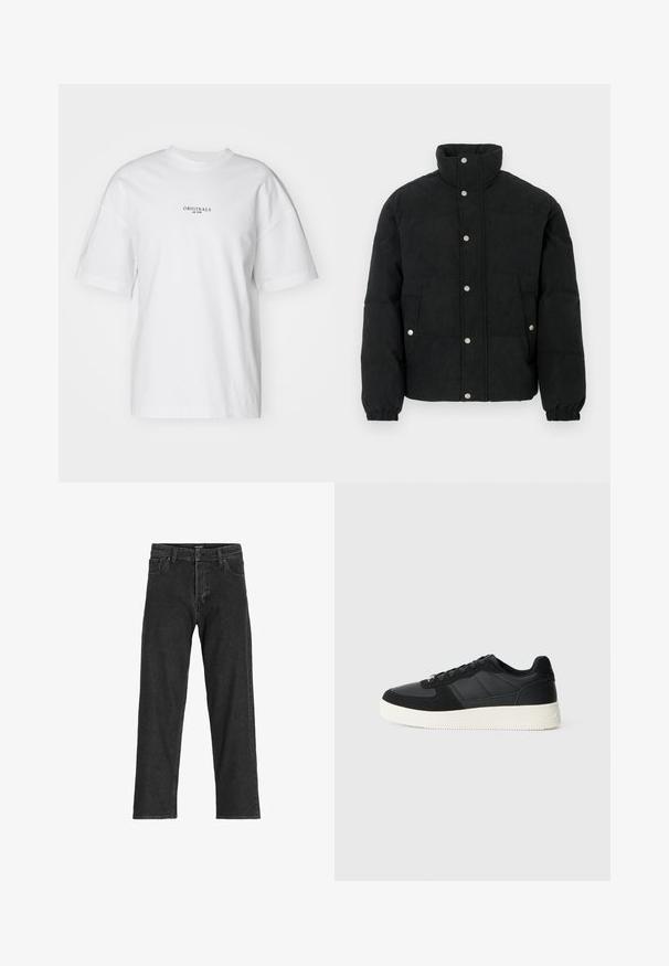 Crna pufasta jakna od korduroja s visokim ovratnikom, prednjim zatvaranjem na drukere, dva prednja džepa i elastičnim manšetama za čvrsto prianjanje.; Bjela pamučna majica s okruglim izrezom i kratkim rukavima. Na prednjoj strani ima mali ispis crnim slovima "ORIGINALS est. 1970".; Crne traperice s ravnim krojem, s patentnim zatvaračem, petljama za pojas i šest džepova, izrađene od čvrste mješavine pamuka.; Crni niski tenisice s teksturiranom kožom i antilop panelima, bijelim gumene potplate i crnim vezicama na jednostavnoj svijetloj pozadini.