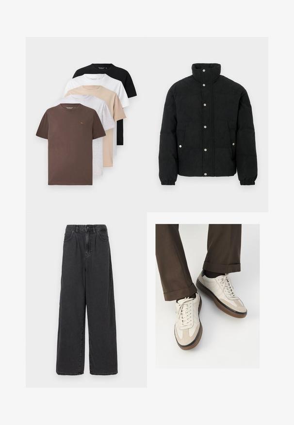 Schwarze Cord-Steppjacke mit hohem Kragen, Druckknopfverschluss vorne, zwei Vordertaschen und elastischen Bündchen für eine eng anliegende Passform.; Fünf kurzärmlige T-Shirts in Braun, Grau, Beige, Weiß und Schwarz, mit Rundhalsausschnitt und weichem, glattem Baumwollstoff.; Weite, hoch geschnittene schwarze Jeanshose mit einem Frontknopf und Reißverschluss, ausgestattet mit seitlichen Taschen und einer glatten Textur.; Beige Sneakers mit einer strukturierten Wildlederfront, glatten Lederseiten und einer braunen Gummisohle. Bändel und helle Nähdetails sind enthalten.