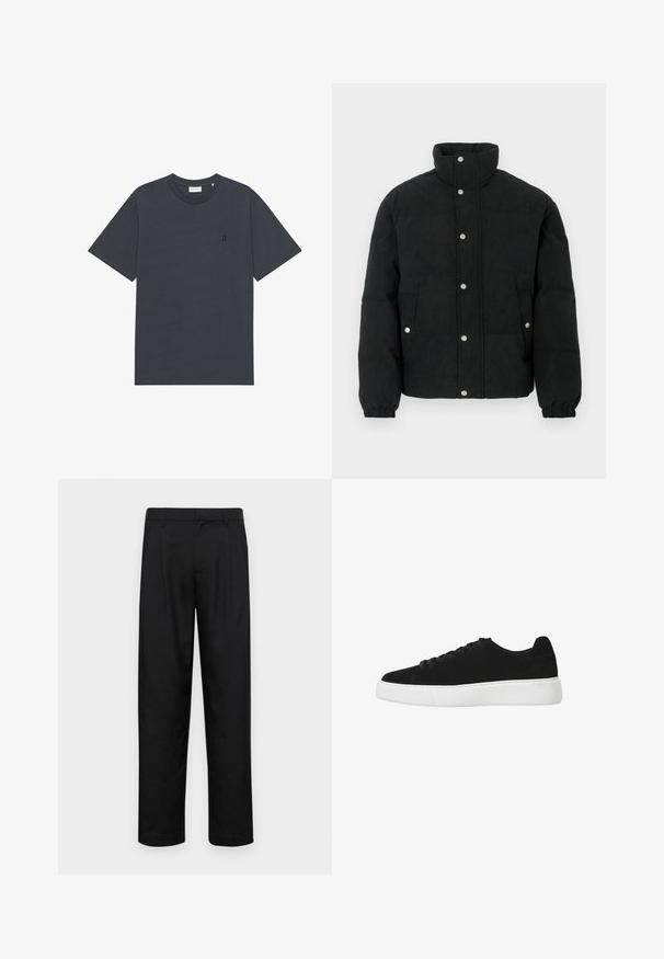 Juoda kordurovinė striukė pūsta, su aukštu apykakliu, spaustukais užsegama priekyje, dviem priekinėmis kišenėmis ir elastinėmis rankogaliais, kad gerai prigludtų.; Tamsiai pilka medvilninė marškinėliai su apvalia iškirpte ir trumpomis rankovėmis. Kairėje krūtinės pusėje yra mažas juodas „II“ logotipas. Lygus paviršius ir laisvas kirpimas.; Juodi kelnių modeliai, pagaminti iš lygios medžiagos, turi tiesią kojas, du priekiniai klostės ir standartinę juosmenį su diržo kilpomis.; Juodas zomšiniai sportbačiai su apvaliu nosiu, raišteliais priekyje ir baltu guminiu padu. Paprastas dizainas su minimaliais akcentais ir lygiu paviršiumi.