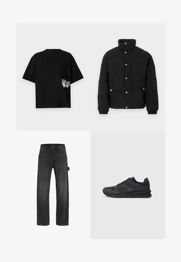 Čierna manšestrová prešívaná bunda s vysokým golierom, zapínaním na patentné gombíky, dvoma vreckami vpredu a elastickými manžetami pre pohodlné priliehanie.; Čierne oversized tričko vyrobené z bavlny; na ľavej strane blízko lemu má biely text a grafický potlač. Krátke rukávy a okrúhly výstrih.; Tmavo šedé denimové džínsy s rovný strihom, piatimi vreckami, kovovým zapínaním a detailom postranného popruhu.; Replay ARTHUR ATOM - Tenisky - black