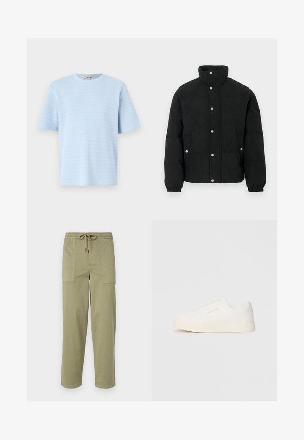 Casaco acolchoado de bombazina preta com gola alta, fecho frontal de botões de pressão, dois bolsos frontais e punhos elásticos para um ajuste confortável.; T-shirt de manga curta azul claro, feito de um tecido de malha texturizada com detalhes de riscas horizontais. Decote redondo e corte descontraído.; Calças verde-oliva claras feitas de um tecido de algodão misto, com um cós elástico com cordão e dois bolsos laterais grandes.; Sapatilhas brancas de atacar com uma superfície texturizada, sola grossa e design minimalista. Possui o logo da marca na lateral.