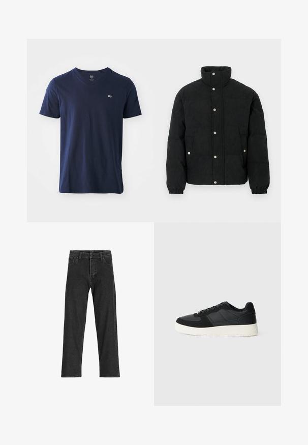 Svart manchesterpufferjacka med hög krage, knappstängning framtill, två framfickor och elastiska muddar för en tajt passform.; Marinblå bomullströja med v-ringning, korta ärmar och en liten broderad logotyp på bröstet. Mjuk textur och avslappnad design.; Svarta denimjeans med rak passform, featuring dragkedja, bälteslöljer och sex fickor, tillverkade av en kraftig bomullsblandning.; Svart lågtopp sneakers med texturerat läder och mocka paneler, vit gummisula och svarta snören på en enkel ljus bakgrund.