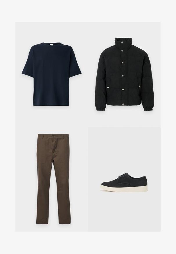 Mustast vatiinist manšettidega kergelt paksudelt triibuline jope, millel on kõrge krae, ees nööbitav sulgemine, kaks eesmist taskut ja elastsed varrukamansetid tiheda sobivuse tagamiseks.; Tumesinine lühikeste varrukatega T-särk, mis on valmistatud siledast kangast, sisaldab ümmargust kaelust ja on lõdva siluetiga, ilma lisakaunistuste või mustriteta.; Pruuni puuvillased püksid sirge säärega, nööpide sulgemise ja vöökonksudega, sileda tekstuuriga ilma mustrite või aktsentideta.; Must musta lakkidega kingad, ümarate varvastega, kerge kreemivärvi tallaga ning peene sinise õmblusega pealispinnal.