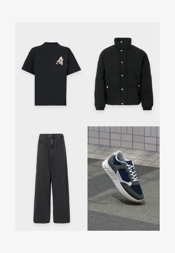 Musta mannapintainen toppatakki, jossa on korkea kaulus, nepparikiinnitys edessä, kaksi etutaskua ja joustavat hihansuut tiukkaan istuvuuteen.; Mustapaitainen puuvillapaita korkealla kauluksella, jossa on värikäs kukkakuvioinen 'A' graafinen printti vasemmalla rintapielellä ja lyhyet, löysät hihat.; Haalihousut, korkeavyötäröiset mustat farkut, joissa on edessä nappi- ja vetoketjukiinnitys, sivutaskut ja sileä pinta.; Kengät, joissa on tummansininen verkkopäällinen, harmaat mokka-yksityiskohdat, valkoinen kumipohja ja litteät valkoiset nauhat, suunniteltu mukavuutta ja hengittävyyttä varten.