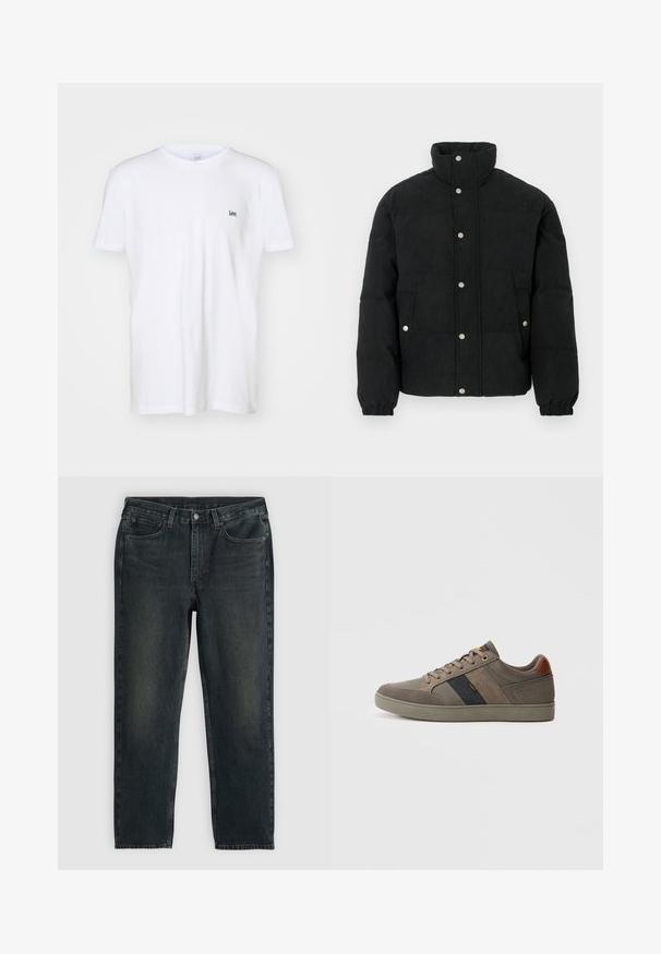 Mustast vatiinist manšettidega kergelt paksudelt triibuline jope, millel on kõrge krae, ees nööbitav sulgemine, kaks eesmist taskut ja elastsed varrukamansetid tiheda sobivuse tagamiseks.; Valge puuvillane t-särk lühikeste varrukatega, mille vasakul rinnal on väike must tikitud "Lee" logo. Lihtne ja klassikaline disain.; Tumed sinised denim teksad sirgete sääremõõtudega, viie tasku, lukuga ja kontrastsetes õmblustes. Kanga peal on õrn kulumine.; Därem sneakers, pruunid madala topiga, paeltega, tekstuursete paneelidega, must riba kollase "Lee" tekstiga ja pruuni kanna patšiga.