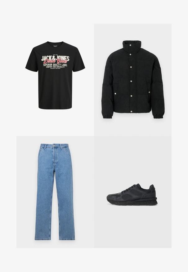 Čierna manšestrová prešívaná bunda s vysokým golierom, zapínaním na patentné gombíky, dvoma vreckami vpredu a elastickými manžetami pre pohodlné priliehanie.; Čierne bavlnené tričko s okrúhlym výstrihom. Obsahuje výrazné biele a červené písmo: "JACK & JONES Denim Goods" a "Superior Quality Label."; Svetlomodré deninové nohavice s rovnými nohavicami a klasickým dizajnom s piatimi vreckami, s predným zapínaním na gombík a pútkami na opasok. Hladká textúra.; Replay ARTHUR ATOM - Tenisky - black