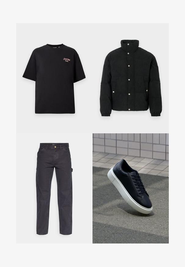 Geacă matlasată din catifea neagră cu guler înalt, închidere frontală cu capse, două buzunare frontale și manșete elastice pentru o potrivire confortabilă.; Tricou negru din bumbac, cu croi lejer, mâneci scurte și un logo brodat roșu pe partea stângă a pieptului. Textură fină, design cu gât rotund.; Pantaloni cargo gri închis, confecționați dintr-un material durabil, cu croială dreaptă, cinci buzunare și închidere cu nasture la talie.; Tenis cu piele neagră, cu vârful rotund și talpă din cauciuc alb. Are șireturi plate și cusături minime pe suprafață. Tălpile texturate oferă aderență.