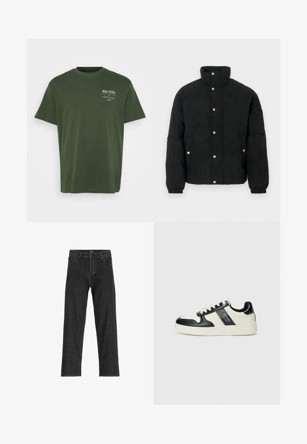 Schwarze Cord-Steppjacke mit hohem Kragen, Druckknopfverschluss vorne, zwei Vordertaschen und elastischen Bündchen für eine eng anliegende Passform.; Grüne Baumwoll-T-Shirt mit Rundhalsausschnitt, kurzen Ärmeln und weißem Drucktext auf der oberen linken Seite. Glatte Textur, lockere Passform.; Schwarze Jeans aus Denim mit geradem Bein, ausgestattet mit einem Reißverschluss, Gürtelschlaufen und sechs Taschen, gefertigt aus einem robusten Baumwollmischgewebe.; Leder-Sneaker in Schwarz- und Cremetönen, mit perforierten Akzenten, einem gepolsterten Kragen und einer strukturierten Laufsohle.