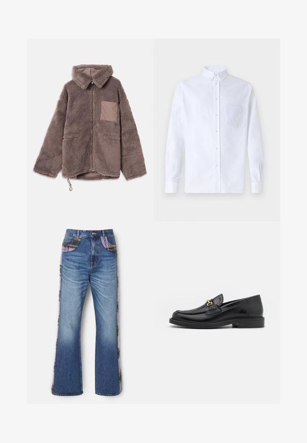 Chaqueta de forro polar marrón y esponjosa con cuello tipo camisa, cierre de cremallera, dos bolsillos frontales y un detalle de bolsillo en color beige en contraste.; Camisa blanca de manga larga y botonadura frontal, hecha de algodón, con un bolsillo en el pecho con bordado tonal, cuello y puños con botones.; Jeans de mezclilla azul acampanados con paneles laterales decorativos que presentan una textura borrosa multicolor y acentos de tela contrastantes en los bolsillos.; Mocasines de cuero negro con punta redondeada, que cuentan con un detalle de herrajes dorados y costuras, situados sobre una suela de goma texturizada y baja.