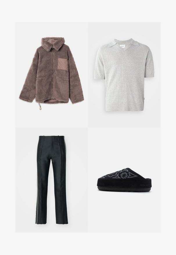 Jaqueta de fleece castanha e fofinha, com colarinho, fecho de correr, dois bolsos frontais e um detalhe de bolso em tom claro.; Camisa polo de malha cinza de manga curta com decote em V, apresentando uma textura subtil e bainha e mangas caneladas. Etiqueta da marca visível no interior.; Calças de seda preta com um corte ajustado, apresentando riscas laterais brancas. Concebidas com pernas largas e pregas frontais para um detalhe adicional.; Sapato slip-on de camurça preta com design bordado, bico arredondado, sola grossa e o texto "MOON BOOT" no calcanhar. Superfície texturizada.