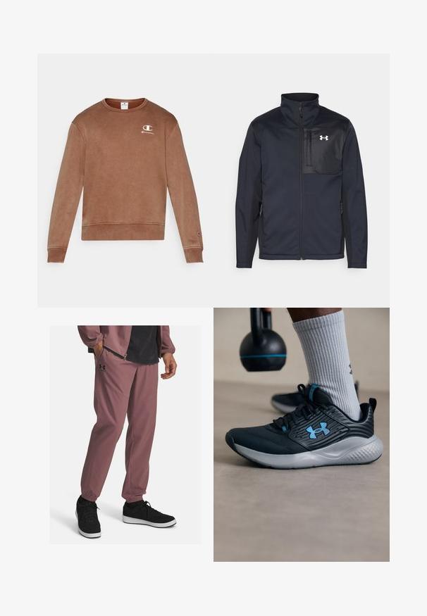 Giacca nera a maniche lunghe con colletto alto, dotata di zip frontale, tasche laterali e un pannello centrale a contrasto, sempre nero, con un logo.; Felpa girocollo in cotone marrone con polsini e orlo a coste, presenta un piccolo logo Champion bianco sul lato sinistro del petto. Morbido al tatto.; Pantaloni jogger di un leggero color malva realizzati in un tessuto liscio, con polsini elasticizzati, tasche laterali e un logo discreto sulla coscia sinistra. Sneakers nere visibili.; Scarpone sportivo nero con accenti blu, tomaia testurizzata e suola grigia. Indossato con calzini grigi a costine, accanto a un kettlebell nero.