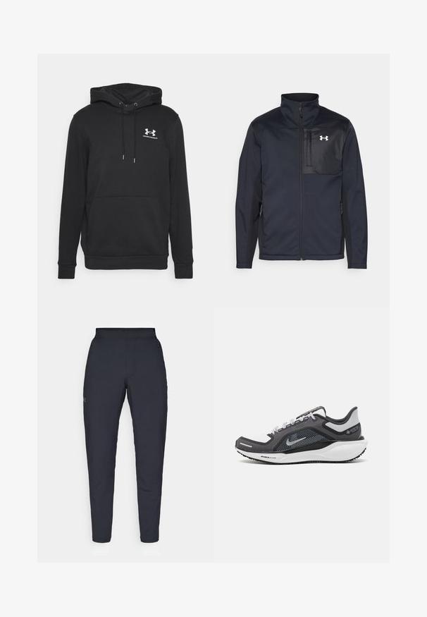 Zwarte lange mouwen jas met een hoge kraag, voorzien van een ritssluiting aan de voorkant, zijzakken en een contrasterend zwart borstpaneel met een logo.; Zwarte hoodie met een kangoeroezak, een trekkoord in de capuchon en een wit Under Armour-logo op de borst. Gemaakt van zachte stof.; Zwarte sportbroeken met een gladde textuur, slanke pasvorm, elastische tailleband en zijzakken. Bevat een klein logo op het linkerdij.; Zwarte en grijze sportschoen met een bovenwerk van mesh, reflecterende accenten en een witte tussenzool. Beschikt over een gestructureerde rubberen zool en veters.