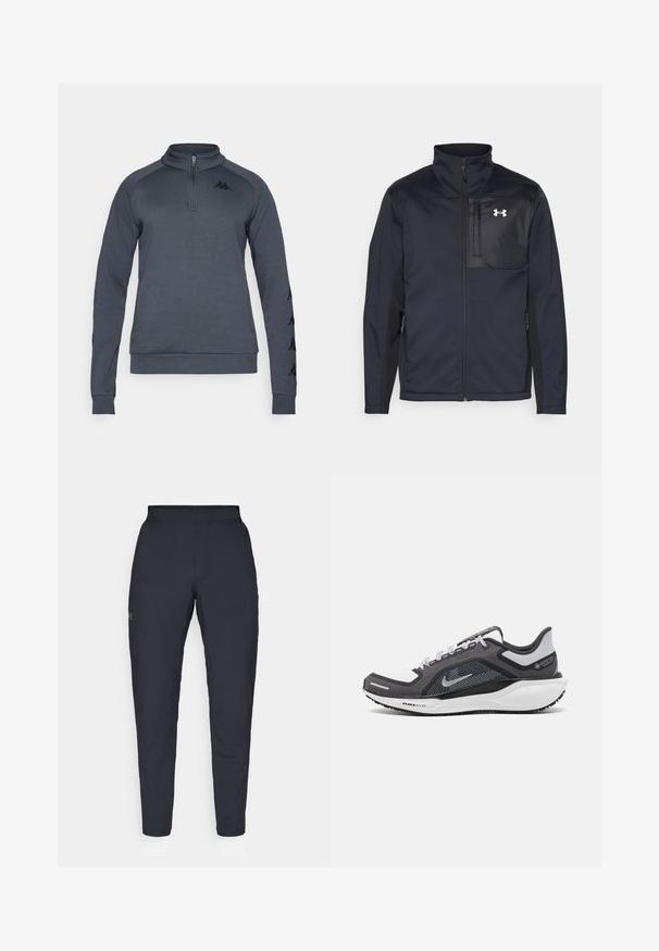 Čierna bunda s dlhým rukávom a vysokým golierom, vybavená predným zipsom, bočnými vreckami a kontrastným čiernym panelom na hrudi s logom.; Tmavošedý pulóver so štvrťovým zipsom, rebrovanými manžetami a čiernym logom na hrudi. Hladká textúra a športový dizajn.; Čierne športové nohavice s hladkým povrchom, priliehavým strihom, elastickým pásom a bočnými vreckami. Obsahujú malé logo na ľavom stehne.; Čierna a sivá športová obuv s vrchnou časťou z priedušného materiálu, reflexné akcenty a biely medzipodrážka. Obsahuje štruktúrovanú gumovú podrážku a šnúrky.