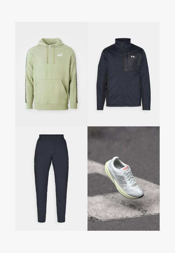 Giacca nera a maniche lunghe con colletto alto, dotata di zip frontale, tasche laterali e un pannello centrale a contrasto, sempre nero, con un logo.; Felpa Puma verde chiaro con tasca frontale, logo sul petto, cappuccio con coulisse e strisce brandizzate lungo le maniche.; Pantaloni sportivi neri con una texture liscia, vestibilità slim, vita elastica e tasche laterali. Presentano un piccolo logo sulla coscia sinistra.; Scarpa da corsa leggera con tomaia in mesh bianco, intersuola gialla e accenti grigi. Presenta un logo ‘N’ prominente e una superficie testurizzata.