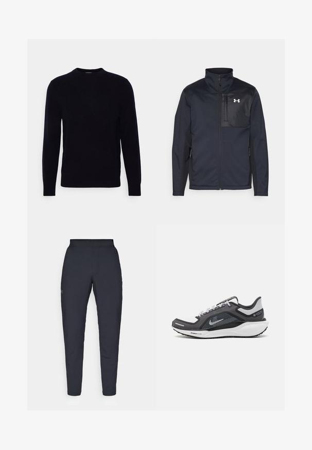 Hosszú ujjú fekete dzseki magas gallérral, elülső cipzárral, oldalsó zsebekkel és kontrasztos fekete mellpanellel, amely logót tartalmaz.; Sötét navy kereknyakú pulóver hosszú ujjú, puha anyagból készült. Simább textúrájú és klasszikus fazonú, látható minták vagy díszítések nélkül.; Fekete sportnadrág sima textúrával, karcsú szabással, rugalmas derékrésszel és oldalzsebekkel. A bal combján egy kis logó található.; Fekete és szürke sportcipő, hálós felsőrésszel, fényvisszaverő részletekkel és fehér középtalppal. A talpa texturált gumiból készült, és fűzőkkel rendelkezik.