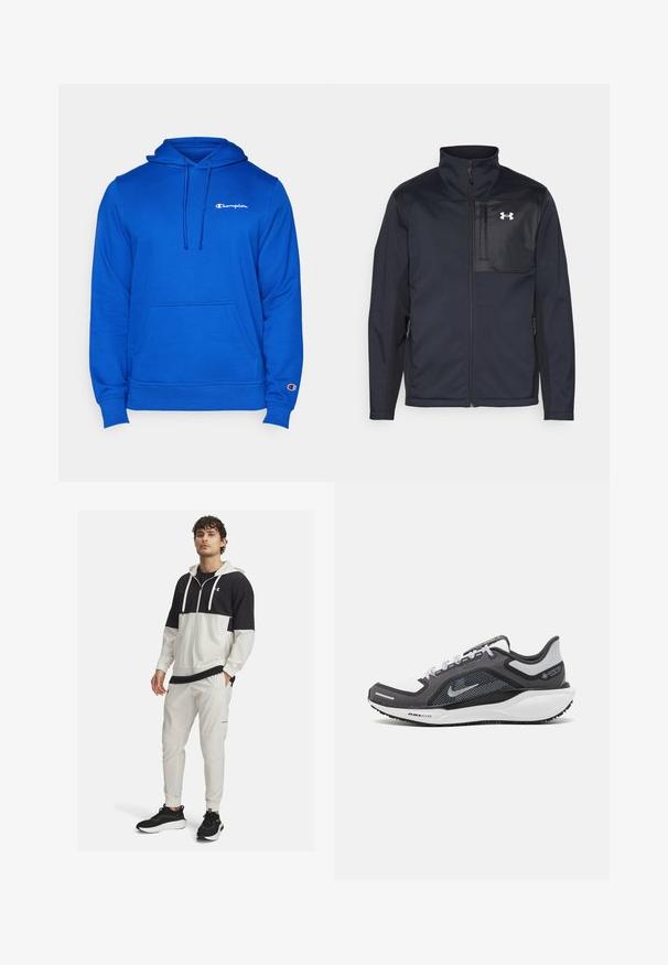 Schwarze Jacke mit langen Ärmeln und hohem Kragen, ausgestattet mit einem Frontreißverschluss, Seitentaschen und einem kontrastierenden schwarzen Brustpanel mit einem Logo.; Champion ICONS HOODIE SMALL LOGO - Kapuzenpullover - blue; Sportliche Kapuzenjacke in Schwarz und Weiß mit Reißverschluss; kombiniert mit weißen Jogginghosen mit Taschen und elastischen Bündchen; schwarze Sneaker.; Schwarzer und grauer Sportschuh mit einem Mesh-Obermaterial, reflektierenden Akzenten und einer weißen Zwischensohle. Verfügt über eine strukturierte Gummisohle und Schnürsenkel.