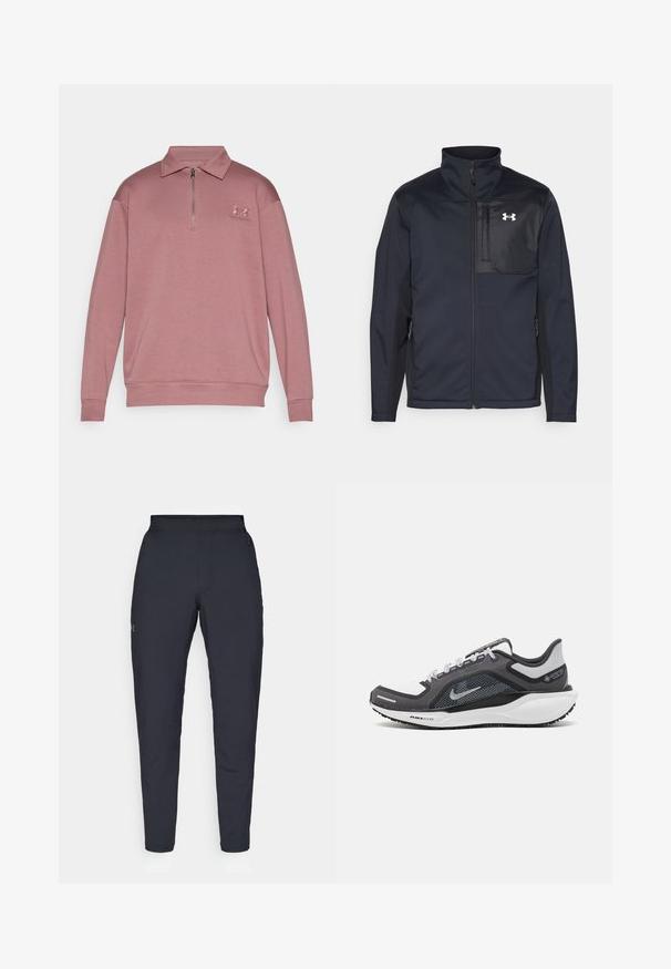 Giacca nera a maniche lunghe con colletto alto, dotata di zip frontale, tasche laterali e un pannello centrale a contrasto, sempre nero, con un logo.; Felpa leggera rosa chiaro con colletto con zip, maniche lunghe, polsini a coste e logo ricamato sul lato sinistro del petto. Tessuto liscio.; Pantaloni sportivi neri con una texture liscia, vestibilità slim, vita elastica e tasche laterali. Presentano un piccolo logo sulla coscia sinistra.; Scarpa da ginnastica nera e grigia con tomaia in rete, dettagli riflettenti e intersuola bianca. Presenta una suola in gomma testurizzata e lacci.