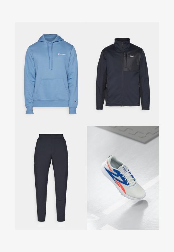 Casaco preto de mangas longas com gola alta, apresentando um fecho frontal, bolsos laterais e um painel peitoral preto em contraste com um logótipo.; Felpa azul clara feita de tecido suave, com bolso tipo canguru, capuz ajustável com cordão e logótipo bordado no peito e na manga.; Calças de desporto negras com uma textura suave, corte justo, cintura elástica e bolsos laterais. Apresenta um pequeno logótipo na coxa esquerda.; Sapatilha atlética branca com detalhes em azul e vermelho, com os atacadores atados e flutuando acima de um chão cinza claro, com uma linha e um tapete ao fundo.