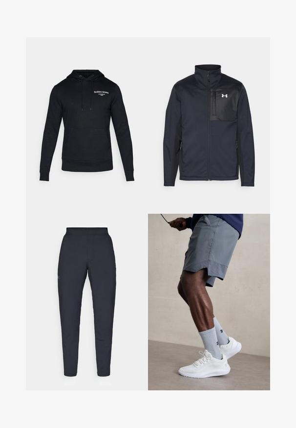 Casaco preto de mangas longas com gola alta, apresentando um fecho frontal, bolsos laterais e um painel peitoral preto em contraste com um logótipo.; Sweatshirt preto com capuz, feito de uma mistura de algodão. Apresenta um bolso frontal, capuz com cordão e texto da logo em branco no peito.; Calças de desporto negras com uma textura suave, corte justo, cintura elástica e bolsos laterais. Apresenta um pequeno logótipo na coxa esquerda.; Ténis desportivos brancos com parte superior em malha texturizada, acompanhados por meias caneleadas azul claro com um logótipo. Calções desportivos cinza com acabamento perfurado.