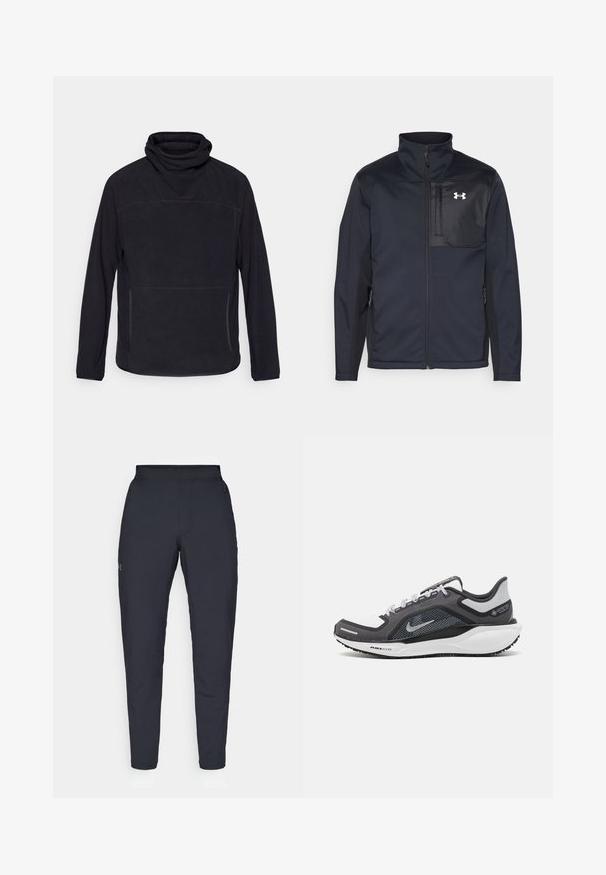 Langermet svart jakke med høy krage, med glidelås foran, sidelommer, og en kontrasterende svart brystpanel med et logo.; Svart genser med høy krage, lange ermer og glidelåslommer foran. Laget av myk teksturert stoff med subtile sømdetaljer.; Sorte treningbukser med glatt tekstur, smal passform, elastisk midjebånd og sidelommer. Har en liten logo på venstre lår.; Svart og grå atletisk sko med mesh-overdel, refleksdetaljer og hvit mellomsåle. Har strukturert gummisåle og lisser.