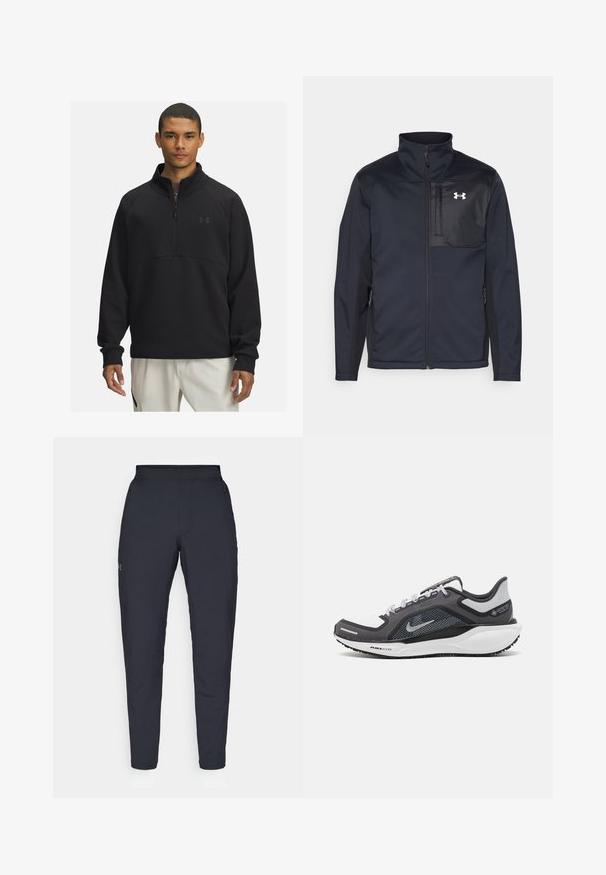 Giacca nera a maniche lunghe con colletto alto, dotata di zip frontale, tasche laterali e un pannello centrale a contrasto, sempre nero, con un logo.; Pullover nero con mezza zip realizzato in tessuto morbido, dotato di un alto colletto, maniche raglan e un logo discreto sul petto.; Pantaloni sportivi neri con una texture liscia, vestibilità slim, vita elastica e tasche laterali. Presentano un piccolo logo sulla coscia sinistra.; Scarpa da ginnastica nera e grigia con tomaia in rete, dettagli riflettenti e intersuola bianca. Presenta una suola in gomma testurizzata e lacci.