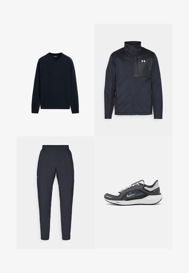 Schwarze Jacke mit langen Ärmeln und hohem Kragen, ausgestattet mit einem Frontreißverschluss, Seitentaschen und einem kontrastierenden schwarzen Brustpanel mit einem Logo.; Navyblaues, geripptes Strickpullover mit V-Ausschnitt, langen Ärmeln und einer lockeren Passform. Weicher Stoff mit minimalen Details.; Schwarze Sporthose mit glatter Textur, schlankem Schnitt, elastischem Bund und seitlichen Taschen. Mit einem kleinen Logo auf dem linken Oberschenkel.; Schwarzer und grauer Sportschuh mit einem Mesh-Obermaterial, reflektierenden Akzenten und einer weißen Zwischensohle. Verfügt über eine strukturierte Gummisohle und Schnürsenkel.