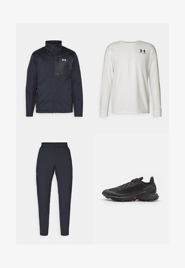 Črna jakna z dolgimi rokavi in visokim ovratnikom, z zadrgo spredaj, stranskimi žepi in kontrastnim črnim panelom na prsih z logotipom.; Bela majica s dolgimi rokavi iz bombaža z okroglo izrezom. Na zgornjem levem delu prsnega koša je črni logotip. Gladka tekstura in prilegajoča zasnova.; Črne atletske hlače z gladko teksturo, ožjega kroja, elastičnim pasom in stranskimi žepi. Imajo majhen logotip na levem stegnu.; Črne tekaške čevlje za trail z zračnim zgornjim delom, teksturirano tkanino, rdečim poudarkom na podplatu in agresivnim profilom za oprijem.