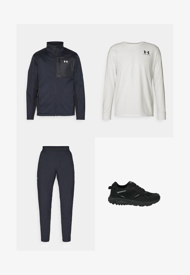 Schwarze Jacke mit langen Ärmeln und hohem Kragen, ausgestattet mit einem Frontreißverschluss, Seitentaschen und einem kontrastierenden schwarzen Brustpanel mit einem Logo.; Langärmliges, weißes T-Shirt aus Baumwolle mit Rundhalsausschnitt. Mit einem schwarzen Logo auf der oberen linken Brustseite. Angenehme Textur und figurbetontes Design.; Schwarze Sporthose mit glatter Textur, schlankem Schnitt, elastischem Bund und seitlichen Taschen. Mit einem kleinen Logo auf dem linken Oberschenkel.; Schwarze wasserdichte Wanderschuhe mit einer strukturierten Sohle, Obermaterial aus Mesh und Synthetik sowie reflektierenden Akzenten. Verfügt über eine Schlaufe und ein Schnürdesign.