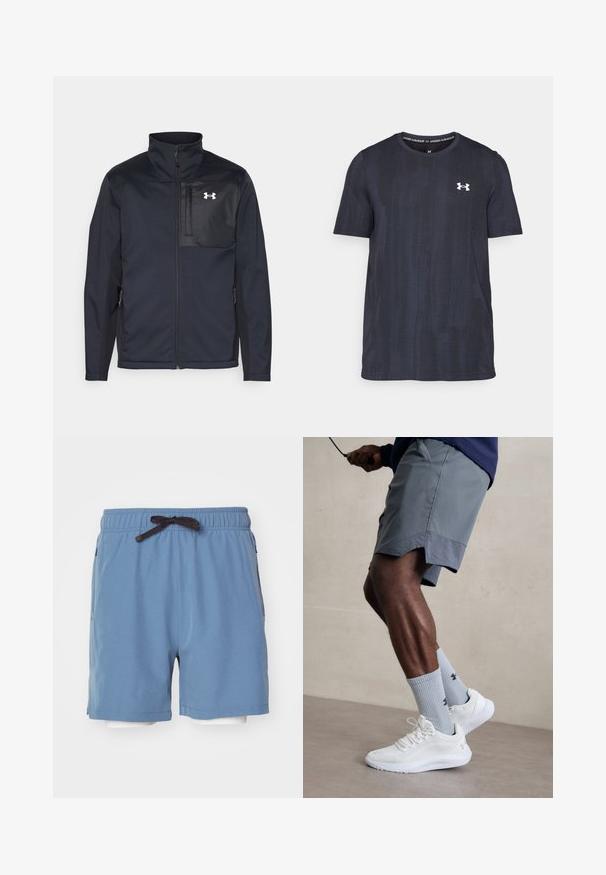 Langermet svart jakke med høy krage, med glidelås foran, sidelommer, og en kontrasterende svart brystpanel med et logo.; Mørk marineblå kortermet t-skjorte laget av pustende stoff, med et teksturert mønster og en hvit Under Armour-logo på brystet.; ICANIWILL ENDURANCE SHORTS MEN - Sports shorts - light teal; Hvite treningssko med teksturert mesh-overdel, kombinert med lyseblå ribbestrikkede sokker med logo. Grå treningsshorts med perforert kant.