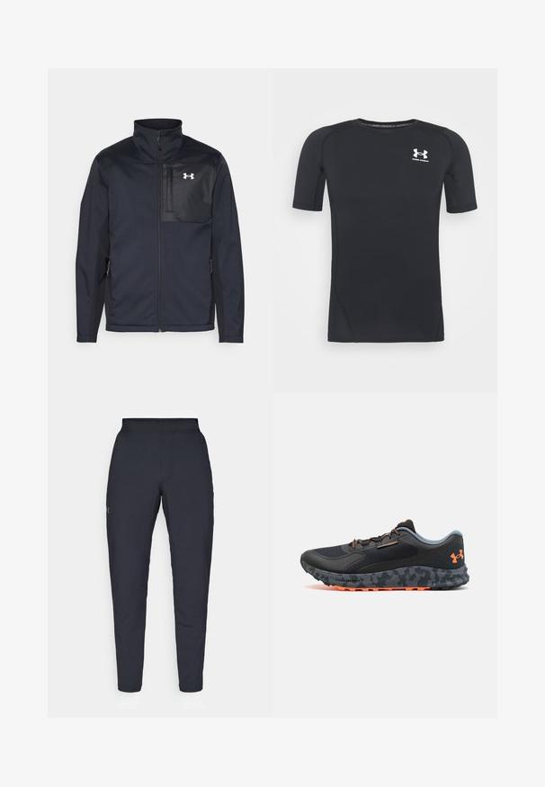 Črna jakna z dolgimi rokavi in visokim ovratnikom, z zadrgo spredaj, stranskimi žepi in kontrastnim črnim panelom na prsih z logotipom.; Črna kratka športna majica z dolgimi rokavi iz tkanine, ki odvaja vlago in je raztegljiva. Ima okroglo ovratnico in majhen beli logotip na prsih.; Črne atletske hlače z gladko teksturo, ožjega kroja, elastičnim pasom in stranskimi žepi. Imajo majhen logotip na levem stegnu.; Črne atletske čevlje z teksturiranim zgornjim delom, sivi poudarki, oranžne detajle, podplat s kamuflažnim vzorcem in sistem vezalk za varno prileganje.