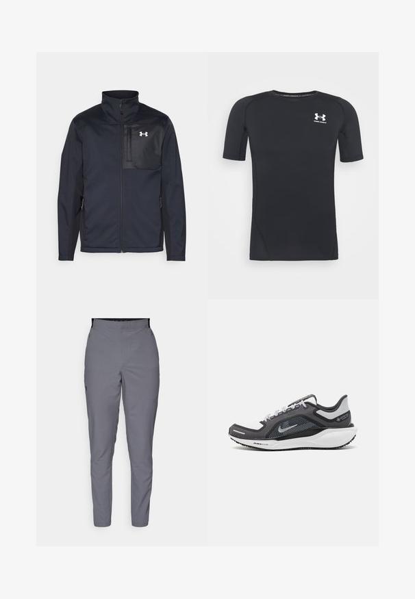 Zwarte lange mouwen jas met een hoge kraag, voorzien van een ritssluiting aan de voorkant, zijzakken en een contrasterend zwart borstpaneel met een logo.; Zwart sportshirt met korte mouwen, gemaakt van vochtafvoerend, rekbaar materiaal. Heeft een ronde halslijn en een klein wit logo op de borst.; Grijze, taps toelopende broek met een soepel textuur, elastische tailleband en zijzakken. Bevat een klein logo op de linkerdij.; Zwarte en grijze sportschoen met een bovenwerk van mesh, reflecterende accenten en een witte tussenzool. Beschikt over een gestructureerde rubberen zool en veters.