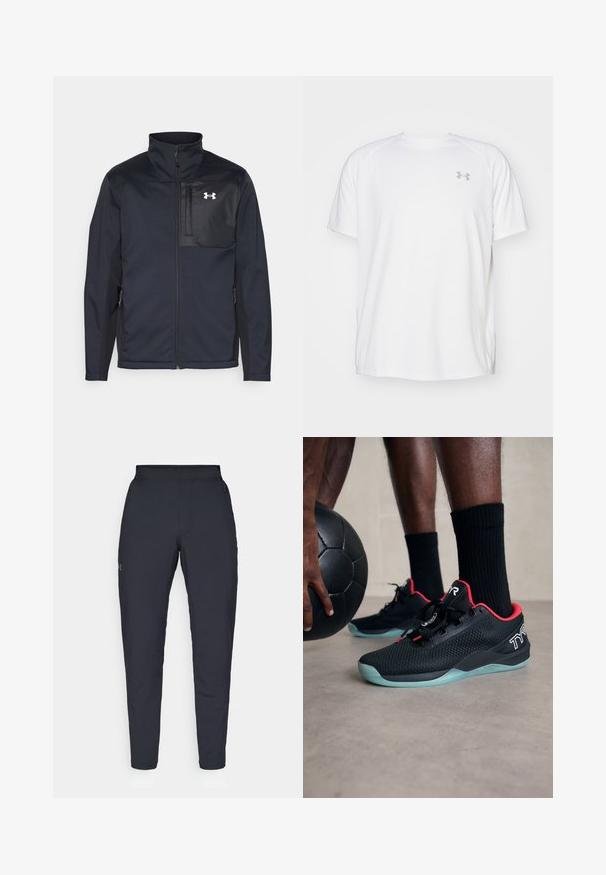 Μαύρο μπουφάν με μακριά μανίκια και ψηλό γιακά, διαθέτει εμπρός φερμουάρ, πλαϊνές τσέπες και αντίθετη μαύρη πάνελ στο στήθος με λογότυπο.; Λευκή αθλητική μπλούζα κοντού μανικιού από απαλό ύφασμα. Διαθέτει στρογγυλή λαιμόκοψη και γκρίζο λογότυπο στο αριστερό στήθος, με πλαϊνές σχισμές στο τελείωμα.; Μαύρο αθλητικό παντελόνι με λεία υφή, στενή εφαρμογή, ελαστική μέση και πλαϊνές τσέπες. Διαθέτει ένα μικρό λογότυπο στον αριστερό μηρό.; Μαύρα αθλητικά παπούτσια με κόκκινες λεπτομέρειες, διχτυωτό πάνω μέρος, σχέδιο με κορδόνια και διαφανή σόλα σε ανοιχτό μπλε, δίπλα σε μια μαύρη μπάλα.