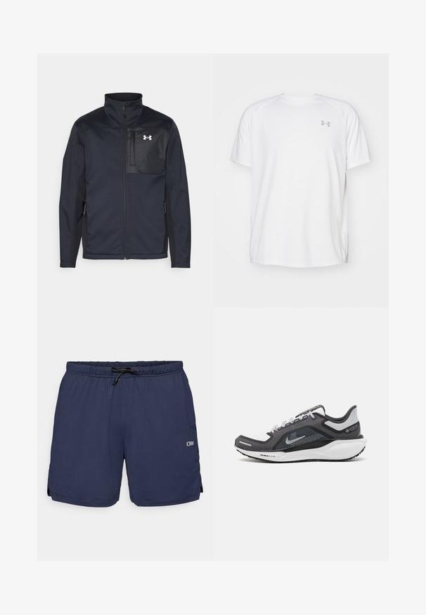 Juodas ilgomis rankovėmis švarkas su aukštu apykakle, užsegamas priekyje užtrauktuku, su šoninėmis kišenėmis ir kontrastingu juodu krūtinės skyriumi su logotipu.; Balta trumpa rankovėmis sportinė marškinėliai, pagaminti iš lygaus audinio. Yra apvalus kaklas ir pilkas logotipas kairėje krūtinės pusėje, o apatinėje dalyje yra šoninės plyšiai.; Tamsiai mėlynos maudymosi šortai su tekstūruotu raštu, elastinga juosmena ir reguliuojama virvele. Mėgsta šoninius skeltukus, kad būtų lengviau judėti, ir logotipo detalę.; Juodas ir pilkas sportinis batelis su tinkleliu viršuje, atspindinčiais akcentais ir balta vidurinė dalimi. Yra tekstūruota guminė išorinė pada ir raišteliai.