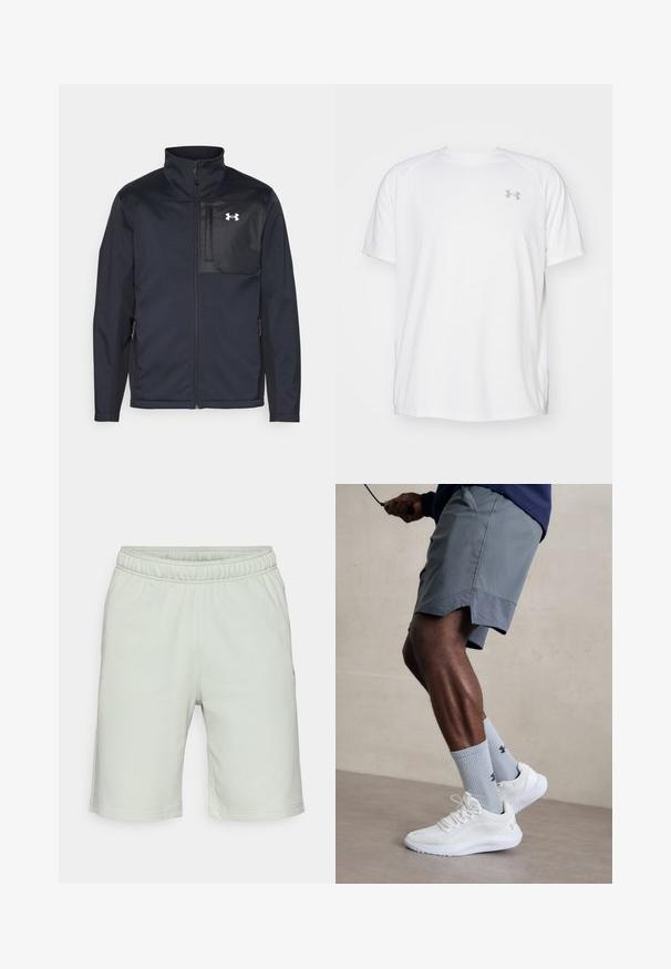 Μαύρο μπουφάν με μακριά μανίκια και ψηλό γιακά, διαθέτει εμπρός φερμουάρ, πλαϊνές τσέπες και αντίθετη μαύρη πάνελ στο στήθος με λογότυπο.; Λευκή αθλητική μπλούζα κοντού μανικιού από απαλό ύφασμα. Διαθέτει στρογγυλή λαιμόκοψη και γκρίζο λογότυπο στο αριστερό στήθος, με πλαϊνές σχισμές στο τελείωμα.; Φωτεινό πράσινο βαμβακερό σορτς με ελαστική ζώνη, ίσια γραμμή και διακριτές ραφές. Μέχρι το μισό μηρό χωρίς τσέπες.; Λευκά αθλητικά παπούτσια με υφασμάτινη επένδυση από πλέγμα, συνδυασμένα με ανοιχτό μπλε σόκες με ρίγες και λογότυπο. Γκρι αθλητικές βερμούδες με περιμετρική τρύπα.