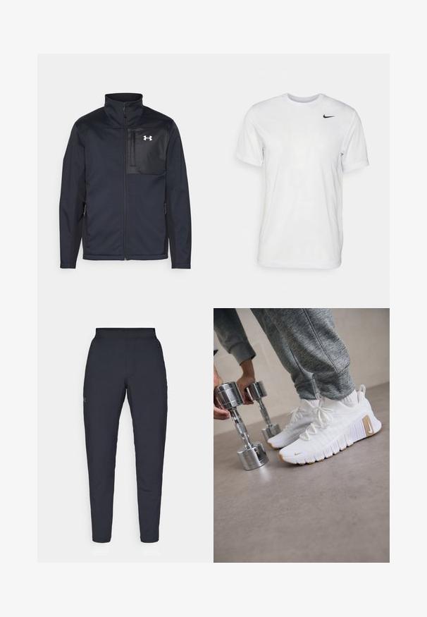 Long-sleeve black jacket with a high collar, featuring a front zipper, side pockets, and a contrasting black chest panel with a logo.; White short-sleeve t-shirt made of smooth fabric. Features a round neck and a small black Nike logo on the left chest.; Black athletic pants with a smooth texture, slim fit, elastic waistband, and side pockets. Features a small logo on the left thigh.; White athletic shoes with textured upper, flat rubber sole, and light brown accents. Silver dumbbells in the foreground. Gray sweatpants visible.