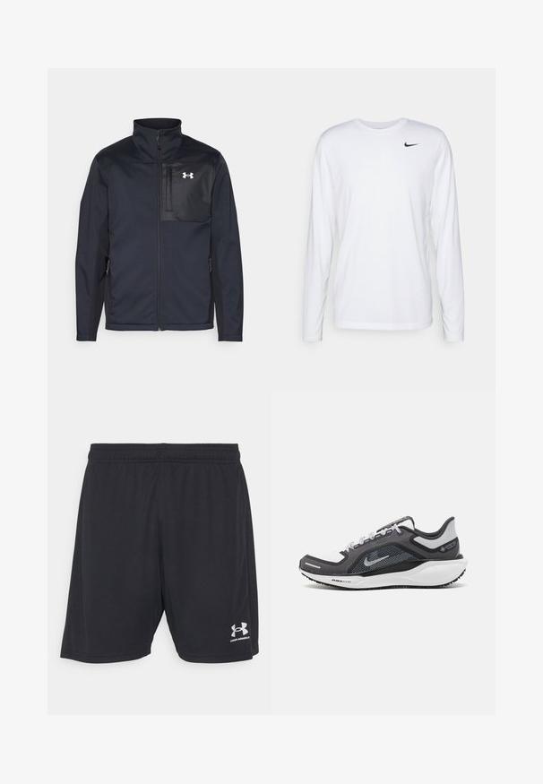 Jachetă neagră cu mâneci lungi, cu guler înalt, având un fermoar frontal, buzunare laterale și un panou central contrastant negru cu un logo.; Nike Performance TEE RESET - Bluză cu mânecă lungă - white/black; Şorturi atletice negre, fabricate dintr-un material neted, cu un talie elastică. Prezintă un logo argintiu în partea dreaptă jos.; Încălțăminte sport neagră și gri, cu partea superioară din plasă, accente reflectorizante și o talpă intermediară albă. Dispune de o talpă din cauciuc texturat și șireturi.
