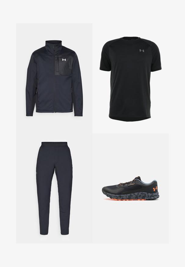 Jachetă neagră cu mâneci lungi, cu guler înalt, având un fermoar frontal, buzunare laterale și un panou central contrastant negru cu un logo.; Tricou sportiv negru cu mânecă scurtă, realizat dintr-un material neted și ușor. Are un guler rotund și un logo discret pe piept.; Pantaloni sportivi negri cu o textură fină, croială slim, talie elastică și buzunare laterale. Prezentă un mic logo pe coapsa stângă.; Pantof ca atlet cu o partea superioară texturată, accente gri, detalii portocalii, talpă cu un model de camuflaj și sistem de șirete pentru o fixare sigură.
