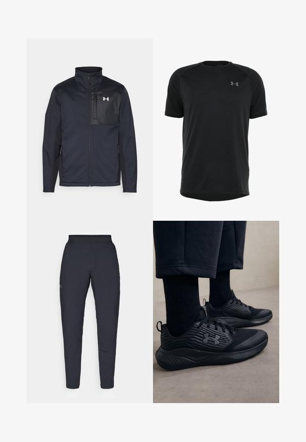 Crna jakna dugih rukava s visokim ovratnikom, koja ima prednji patentni zatvarač, bočne džepove i kontrastnu crnu ploču na prsima s logotipom.; Crna kratka majica s kratkim rukavima za sport izrađena od glatkog, laganog materijala. Ima okrugli dekolte i diskretan logo na grudima.; Crne sportske hlače s glatkom teksturom, uskih krojeva, elastičnim pojasom i bočnim džepovima. Imaju mali logo na lijevom bedru.; Osoba nosi crne atletske tenisice s teksturiranim stranama i logotipom, uparenim s crnim čarapama i skraćenim hlačama na svijetloj podlozi.