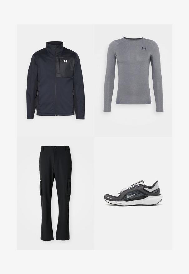 Černá bunda s dlouhými rukávy a vysokým límcem, která má přední zip, boční kapsy a kontrastní černou hrudní část s logem.; Dlouhý rukáv sportovní top v tmavě šedé barvě, vyrobený z hladké, pružné tkaniny s jemným leskem a plochými švy; na hrudi je malá logo.; Černé cargo kalhoty z lehkého materiálu, s dvěma bočními kapsami, zapínáním na knoflík a rovnými nohavicemi.; Černá a šedá sportovní obuv s vrškem z prodyšné síťoviny, reflexními akcenty a bílou mezipodešví. Obsahuje texturovanou gumovou podrážku a tkaničky.