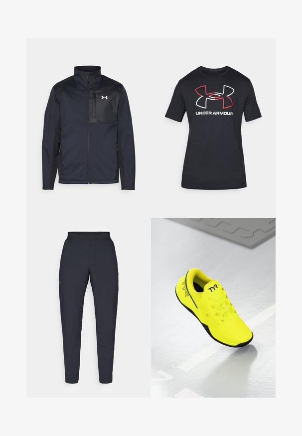 Schwarze Jacke mit langen Ärmeln und hohem Kragen, ausgestattet mit einem Frontreißverschluss, Seitentaschen und einem kontrastierenden schwarzen Brustpanel mit einem Logo.; Schwarzes T-Shirt mit kurzen Ärmeln aus leichtem Material, das auf der Vorderseite ein großes rotes und weißes Under Armour-Logo zeigt.; Schwarze Sporthose mit glatter Textur, schlankem Schnitt, elastischem Bund und seitlichen Taschen. Mit einem kleinen Logo auf dem linken Oberschenkel.; Helle gelbe Turnschuhe mit Mesh-Obermaterial, schwarzem Außensohle und TYR-Logo an der Seite. Sie zeichnen sich durch ein leichtes Design und eine Schnürung aus.