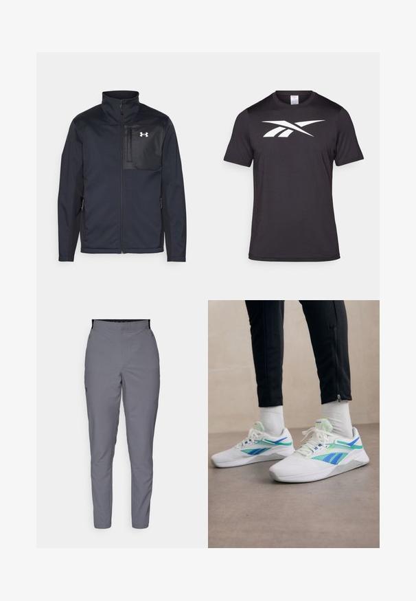 Crna jakna dugih rukava s visokim ovratnikom, koja ima prednji patentni zatvarač, bočne džepove i kontrastnu crnu ploču na prsima s logotipom.; Crna atletska majica izrađena od lagane tkanine, s istaknutim bijelim logotipom na prednjoj strani. Kratki rukavi i dizajn s okruglim izrezom.; Sive hlače sužene siluete od glatkog materijala, s elastičnom gumom u struku i bočnim džepovima. Imaju mali logo na lijevom bedru.; Bijele atletske tenisice s zelenim i plavim akcentima, mrežastim panelima i teksturiranim detaljima. Uparene s crnim hlačama i bijelim čarapama.