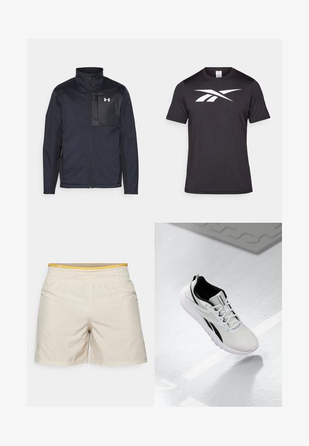 Μαύρο μπουφάν με μακριά μανίκια και ψηλό γιακά, διαθέτει εμπρός φερμουάρ, πλαϊνές τσέπες και αντίθετη μαύρη πάνελ στο στήθος με λογότυπο.; Μαύρο αθλητικό μπλουζάκι φτιαγμένο από ελαφρύ ύφασμα, με εντυπωσιακή λευκή γραφική εκτύπωση στο μπροστινό μέρος. Βραχάκια μανίκια και στρογγυλή λαιμόκοψη.; Μπεζ αθλητικά σορτς με διάτρητη υφή, κίτρινη ζώνη μέσης, ελαστικό υλικό και ίσια κοπή. Κατάλληλα για αθλητική χρήση.; Αθλητικό παπούτσι σε ανοιχτό γκρι χρώμα με μαύρες λεπτομέρειες, επάνω μέρος από υφασμάτινη πλέξη με υφή, μαξιλαρωτή σόλα και σχέδιο με κορδόνια. Διαθέτει θηλιά στην φτέρνα.